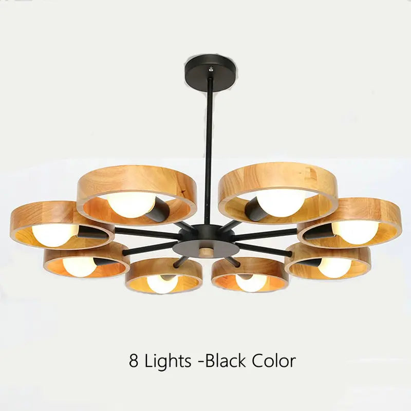 Lampe de lustre en bois nordique pour salon chambre salle à manger décor abat-jour en bois rond noir E27 Suspension