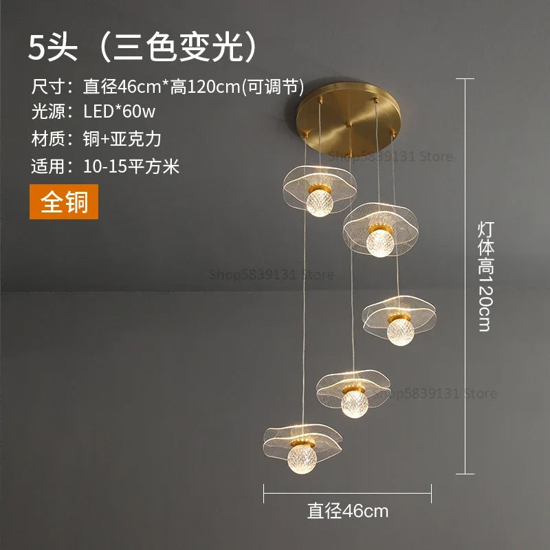 lustre moderne en acrylique et cuivre led feuille de lotus