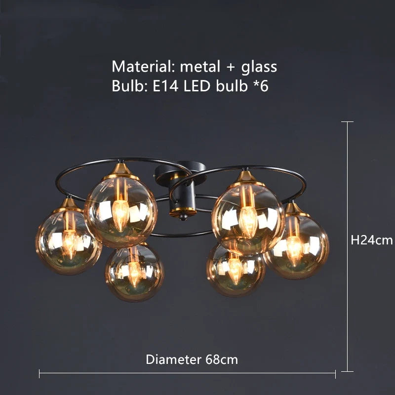 lustre industriel en verre ambré design nordique métal pour foyer et restaurant