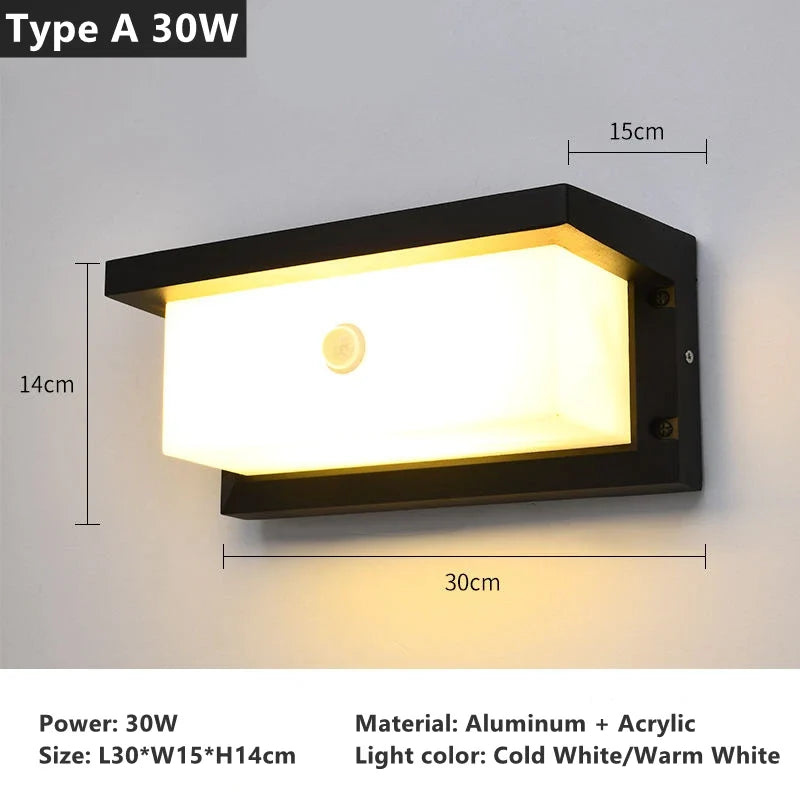 18W 30W Outdoor LED Wall Lamp PIR Motion Sensor IP65 Waterproof Porch Light Balcony Garden Corridor Wall Sconce Lighting Fixture