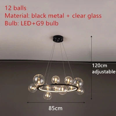 Lustre design rond avec boules en Verre clair à LED