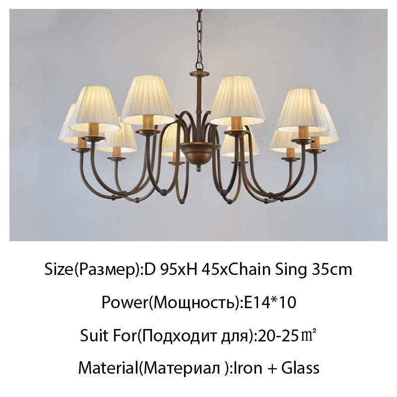 Lustre de pays européen et américain classique en fer forgé salon chambre lampe salle à manger tissu abat-jour lustre