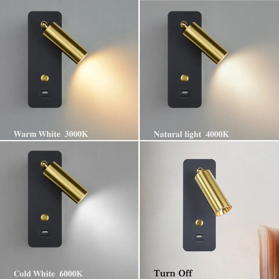 Applique murale LED lumières avec interrupteur et Interface USB mode 7W blanc noir applique luminaire couloir allée à côté de l'éclairage Art applique