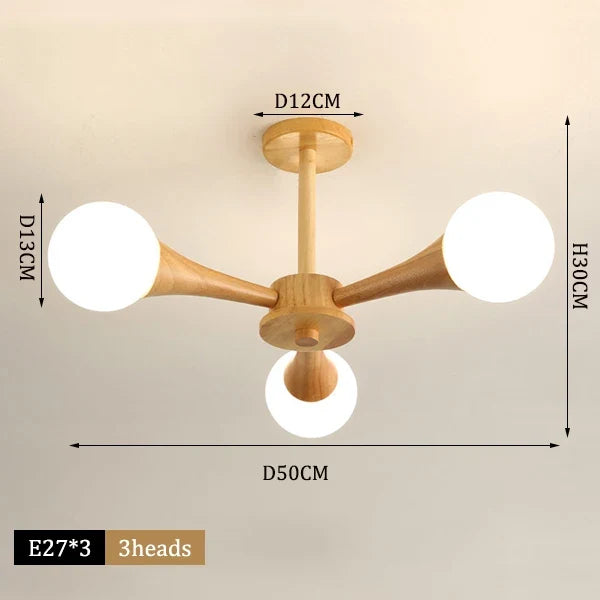 lustre moderne en bois avec abat-jour en verre