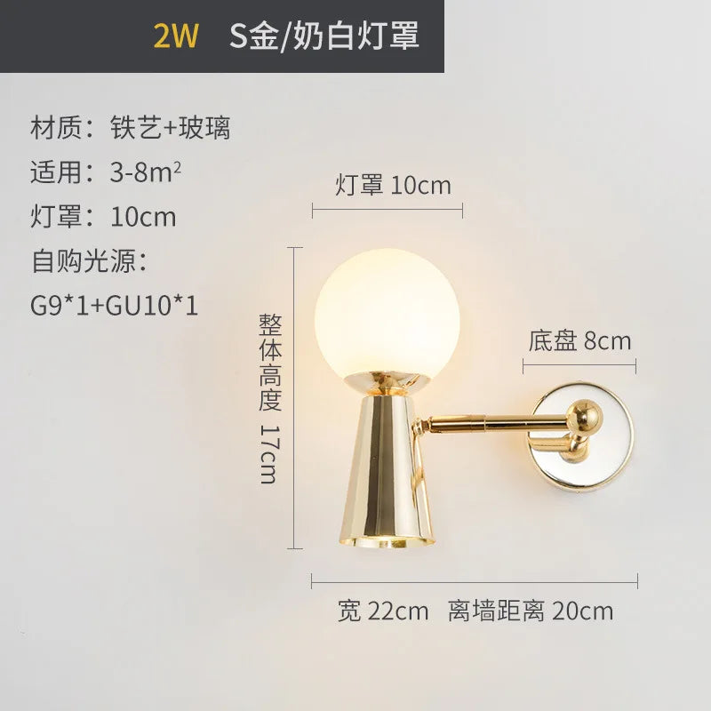 applique murale en fer forgé tête de verre rotative lampes LED décoratives