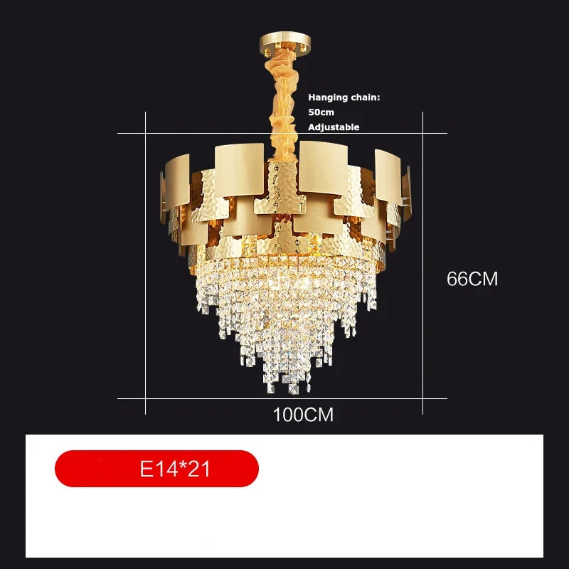 lustre en acier inoxydable à led avec cristal doré
