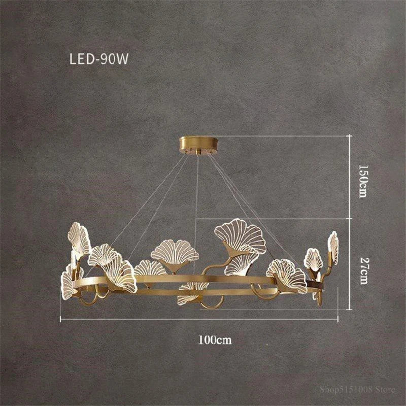 lustre en cuivre simple avec feuilles led style chinois