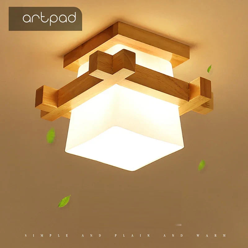 Suspension à monture en bois et cube de verre blanc — Brande