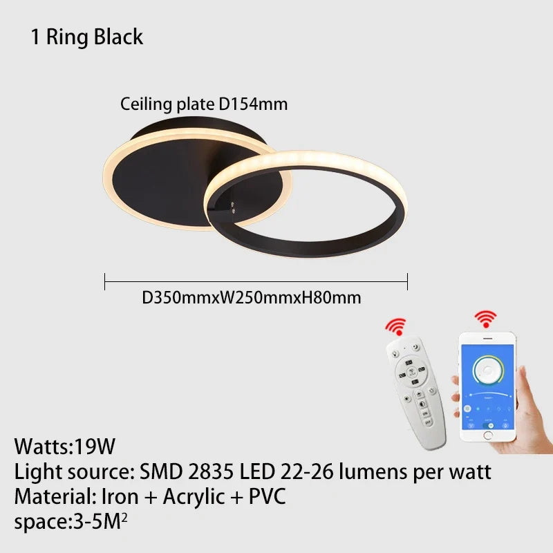 Lustre Led moderne anneau Led plafonniers salon chambre lumières plafond noir/blanc 1-5 anneau d'éclairage APP/lustre à distance