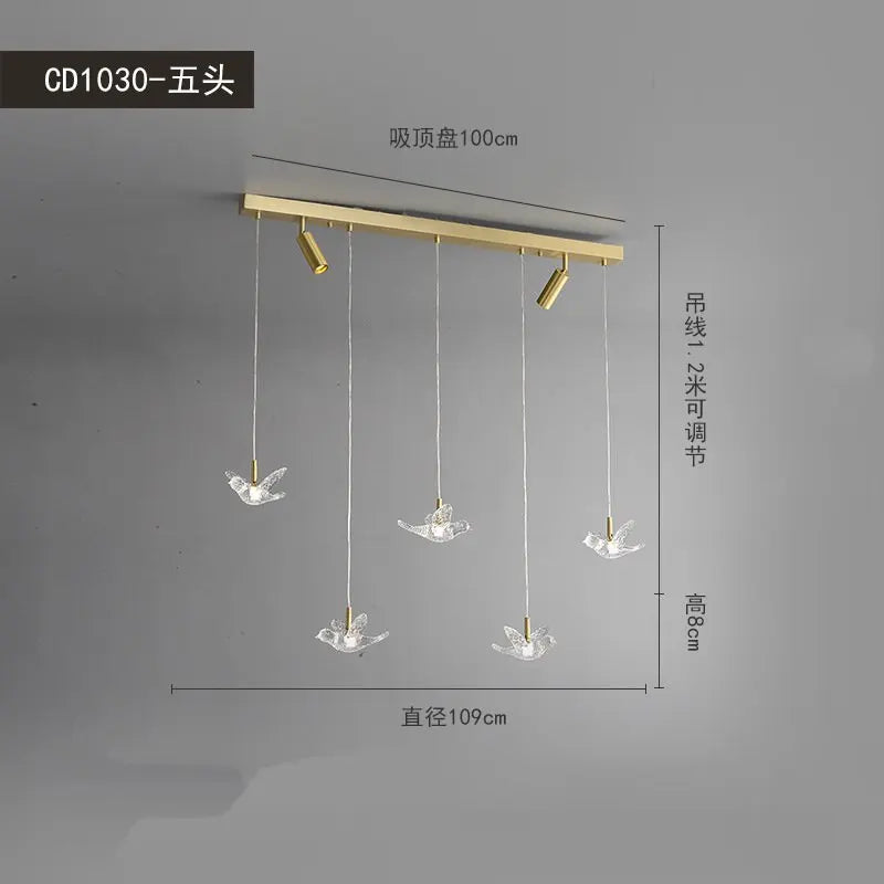 suspension moderne en forme d'oiseau en cuivre et acrylique décoratif