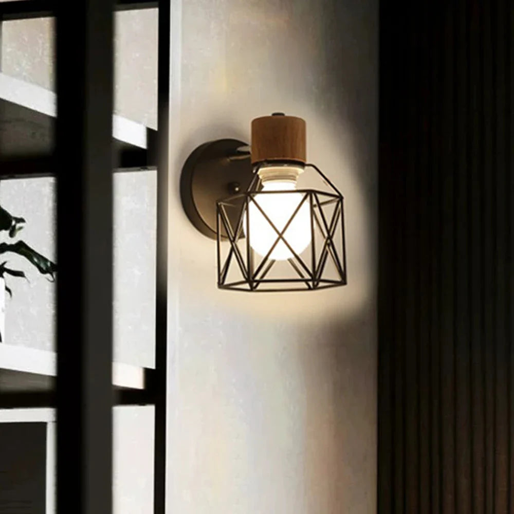 applique murale led moderne en bois avec cage en fer