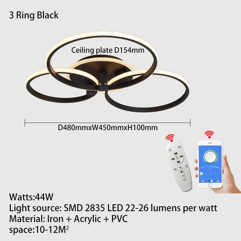Lustre Led moderne anneau Led plafonniers salon chambre lumières plafond noir/blanc 1-5 anneau d'éclairage APP/lustre à distance