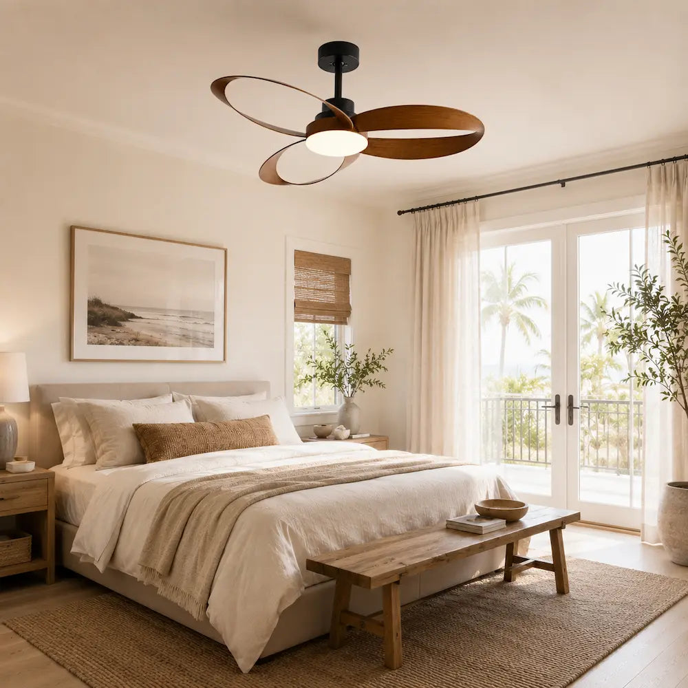 Ventilateur de plafond LED à pales ajourées en bois — Camélia