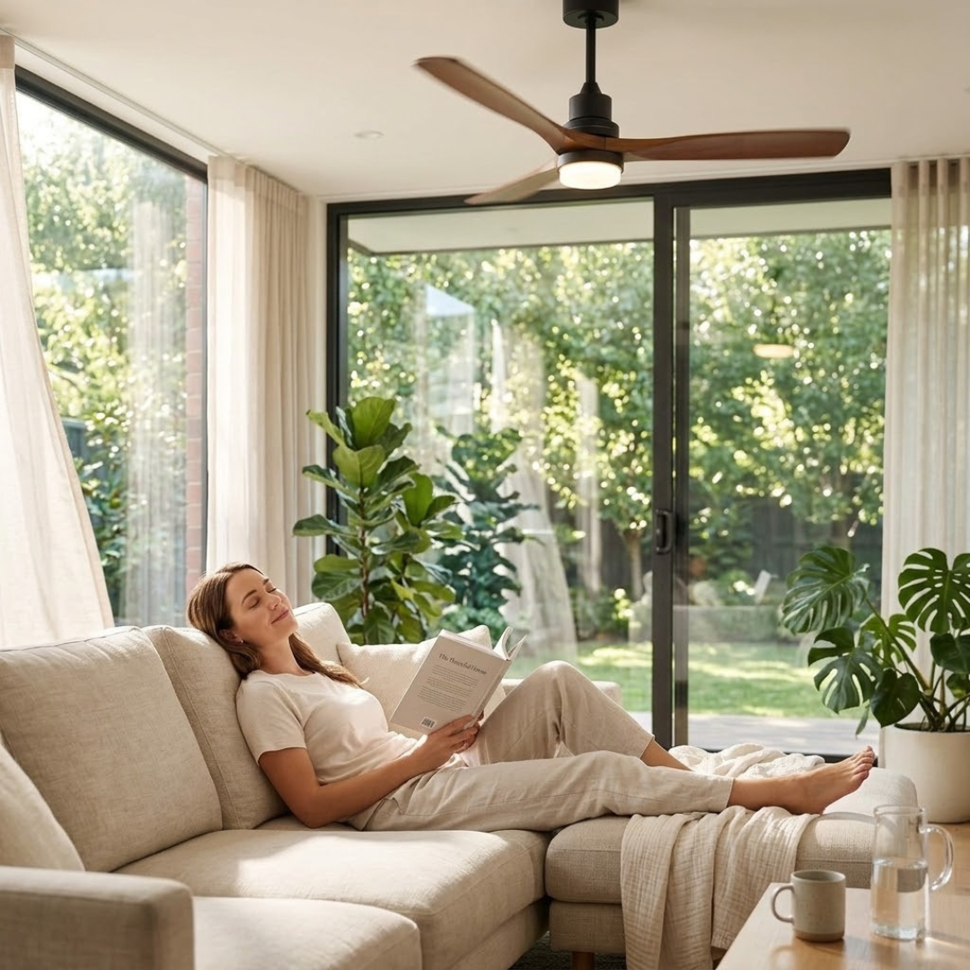 Ventilateur de plafond en noyer massif avec diffuseur LED rond — Aiguemarine