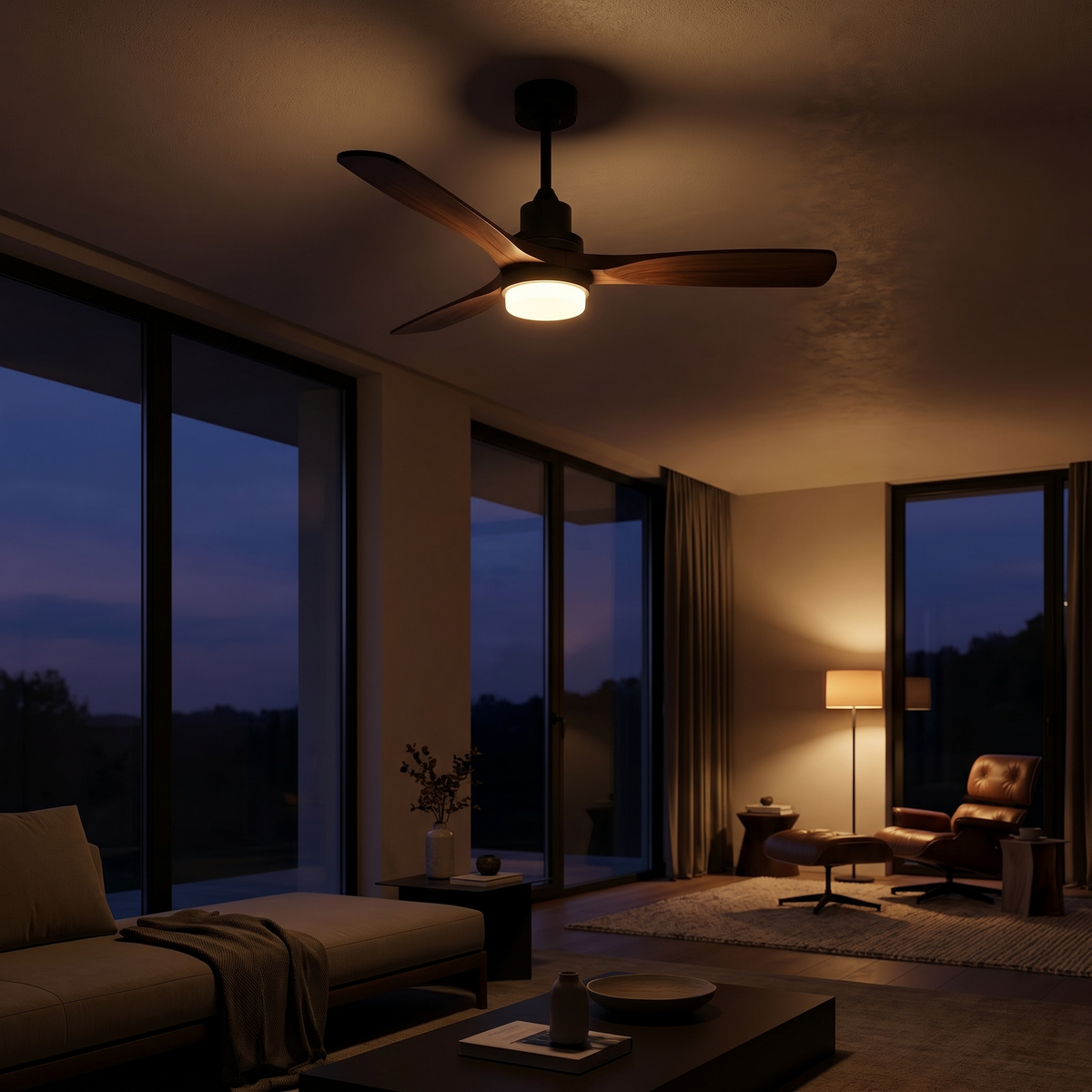 Ventilateur de plafond en noyer massif avec diffuseur LED rond — Aiguemarine