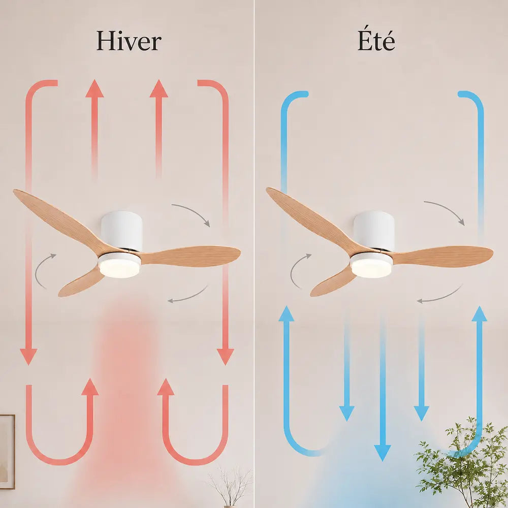 Ventilateur de plafond plat bois clair avec lampe intégrée — Chaumine