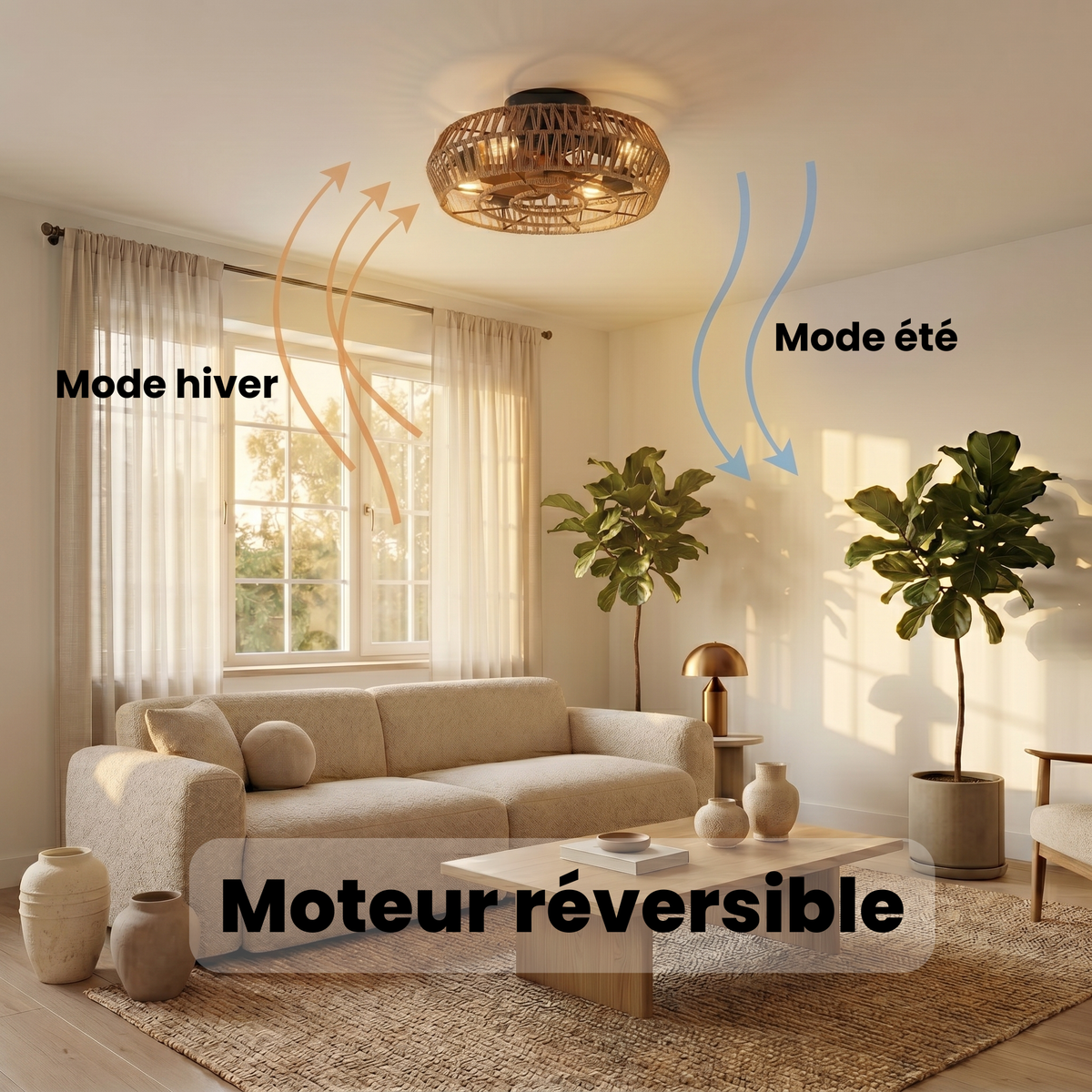 Ventilateur de plafond cage en rotin tressé et métal noir — Ambroisie