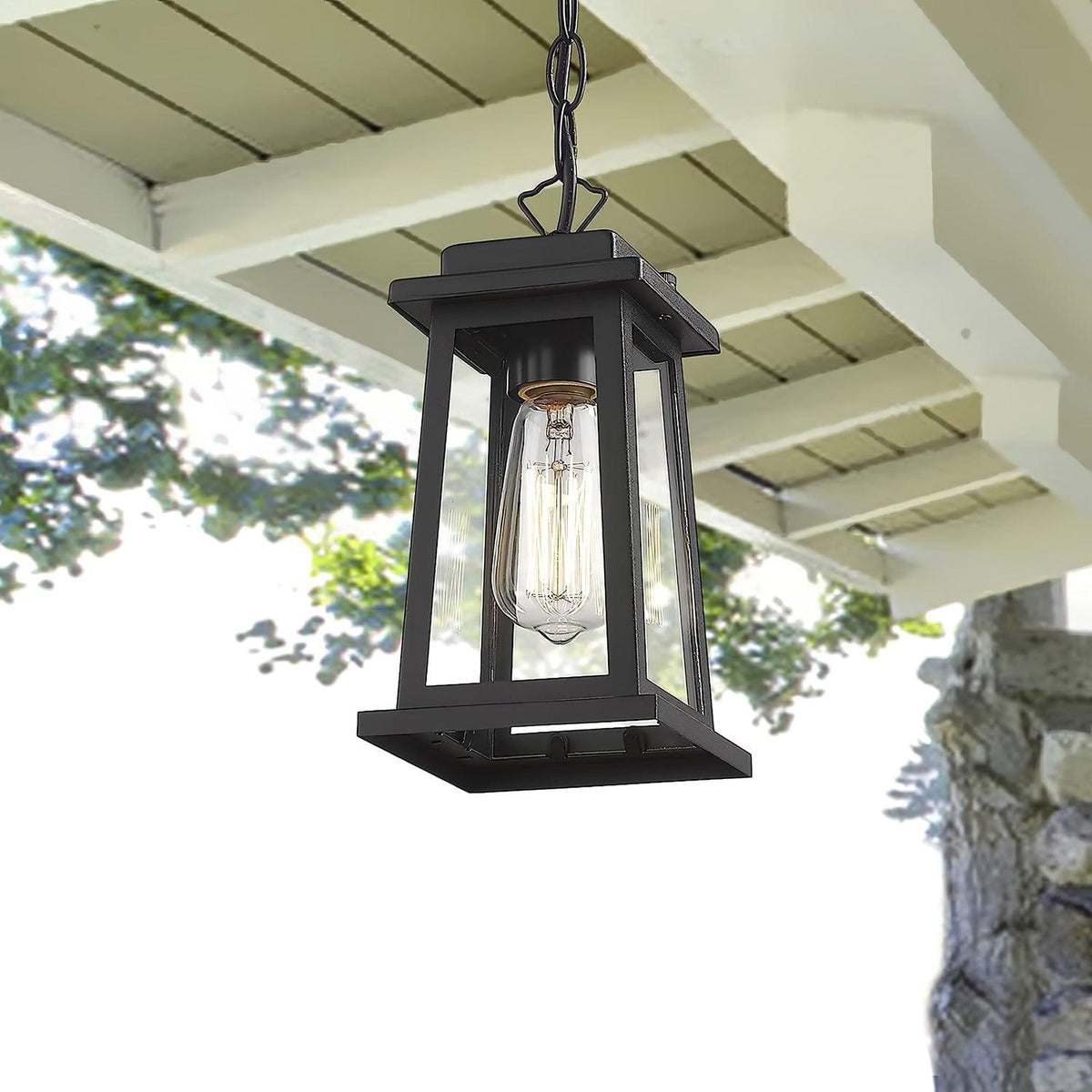 Lanterne suspendue en métal noir et verre transparent — Sarcelle