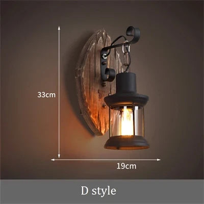 applique murale industrielle vintage en bois avec abat-jour en métal et verre