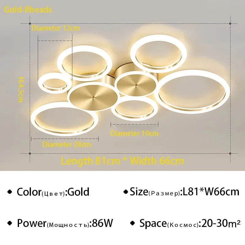 Plafond moderne à LEDs lustre en aluminium Simple plafonnier pour salon chambre salle à manger cercle anneaux plafonnier doré