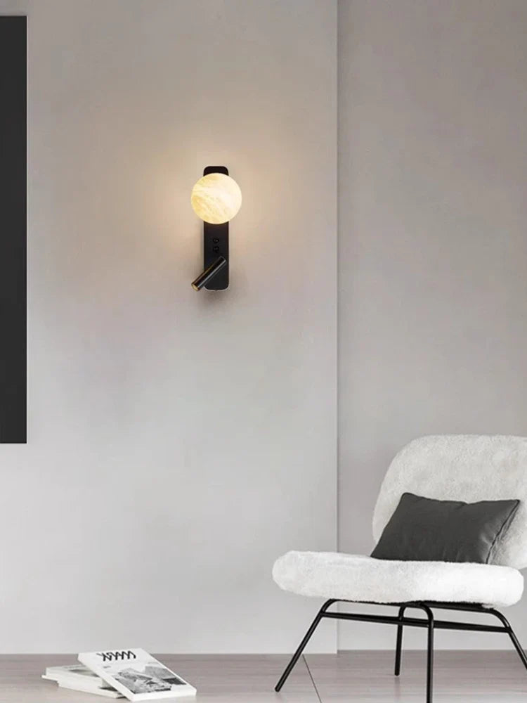 Modern Minimalist Black Rotatable All Copper Natural Marble Wall Lamp, Bedroom Bedside Lamp, Light Luxury Living Room Wall Lamp