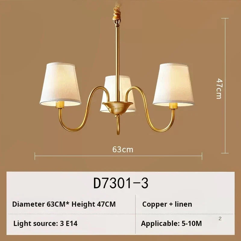 lustre américain rétro en cuivre avec led et tissu suspendu