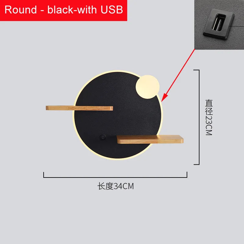 Applique murale led nordique avec étagère et chargeur usb