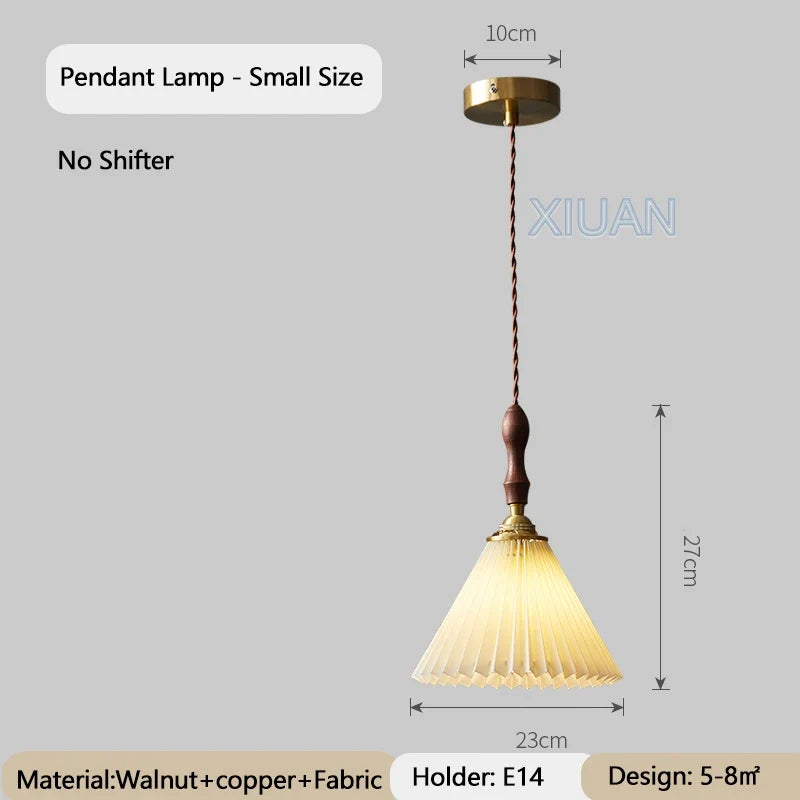 lustre vintage japonais avec abat-jour plissé en noyer