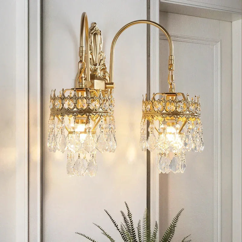 applique murale vintage luxe en cristal doré à deux lumières