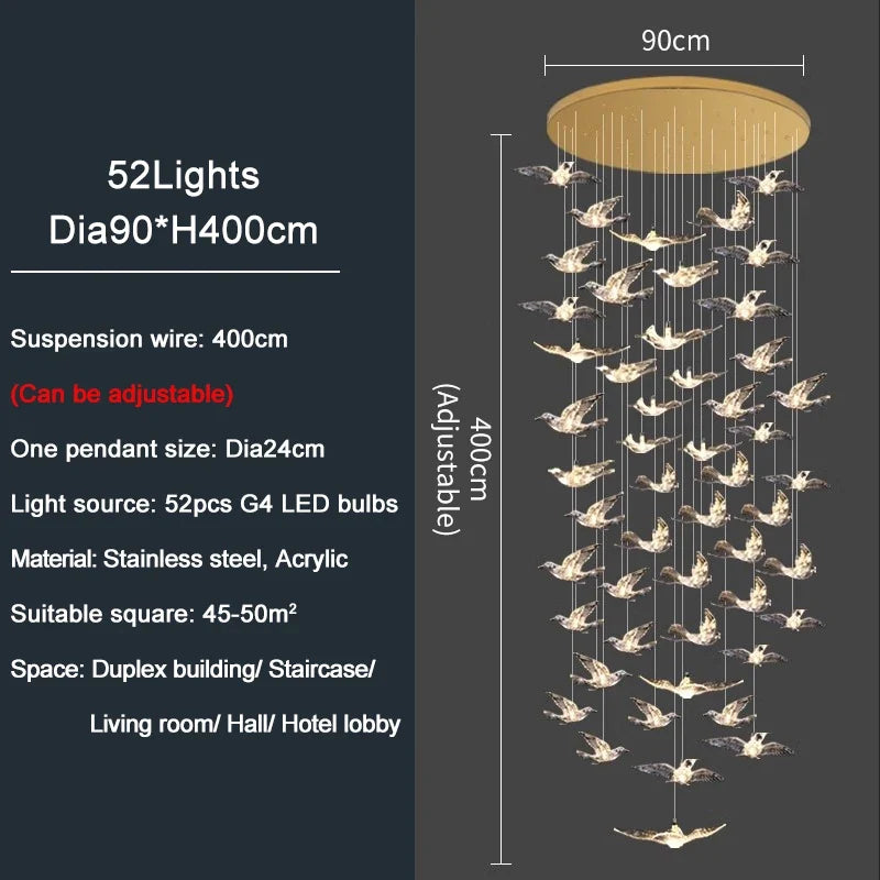 YOULAIKE oiseau design led lustre pour escalier de luxe salon suspendu luminaire couloir longue spirale acrylique lampes