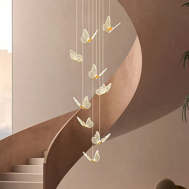 lustre d'escalier moderne acrylique forme de papillon Duplex salon salle à manger Art LED lustre d'escalier lustre en cristal