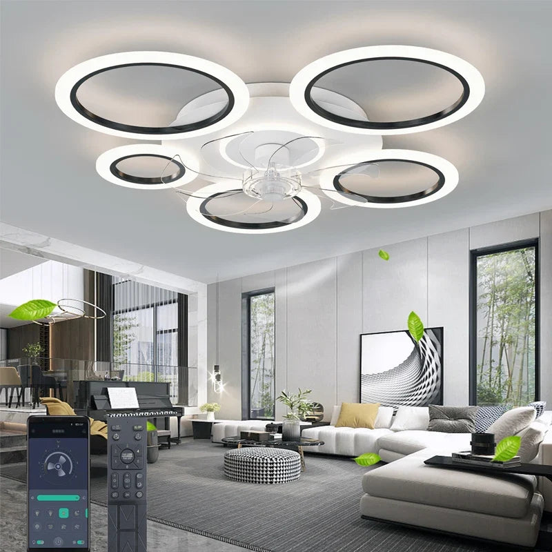 Modern white minimum circular fan light, simple living room ceiling fan light, intelligent control ceiling fan light
