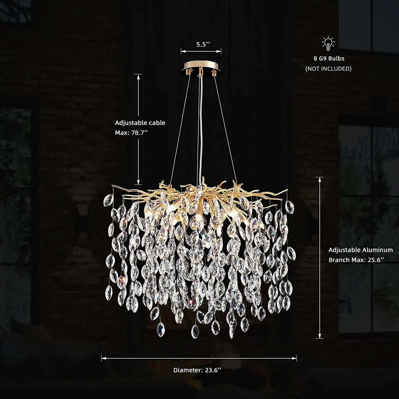 lustre en cristal de luxe avec branches led pour intérieur moderne