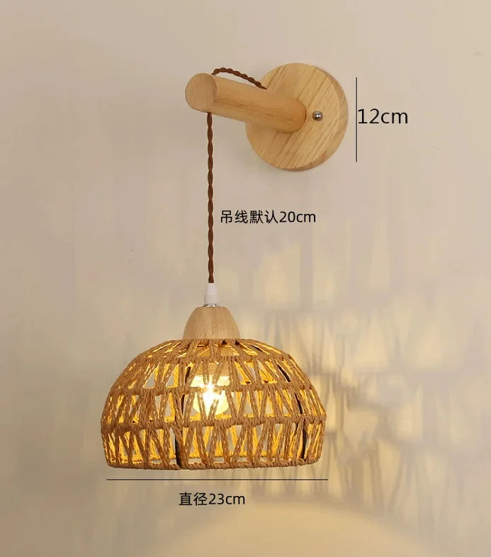 applique murale nordique en corde de bois tissée à LED
