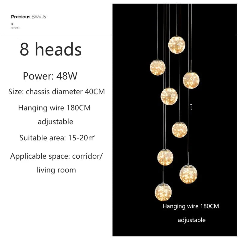 lustre moderne en colimaçon avec éclairage led et boule de cristal