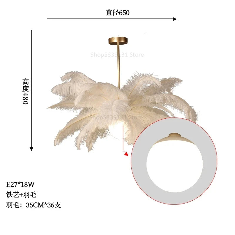 luminaire suspendu luxe plume d'autruche led style nordique