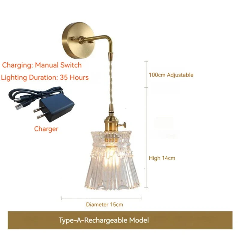 applique murale led scandinave en verre et laiton avec interrupteur à batterie