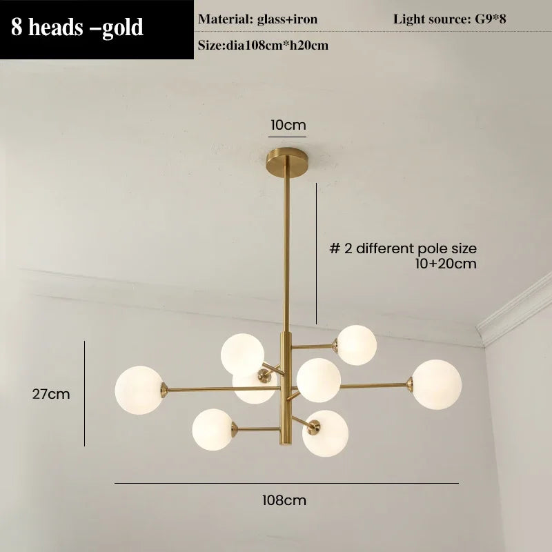 lustre led moderne en cuivre avec boule de verre mat
