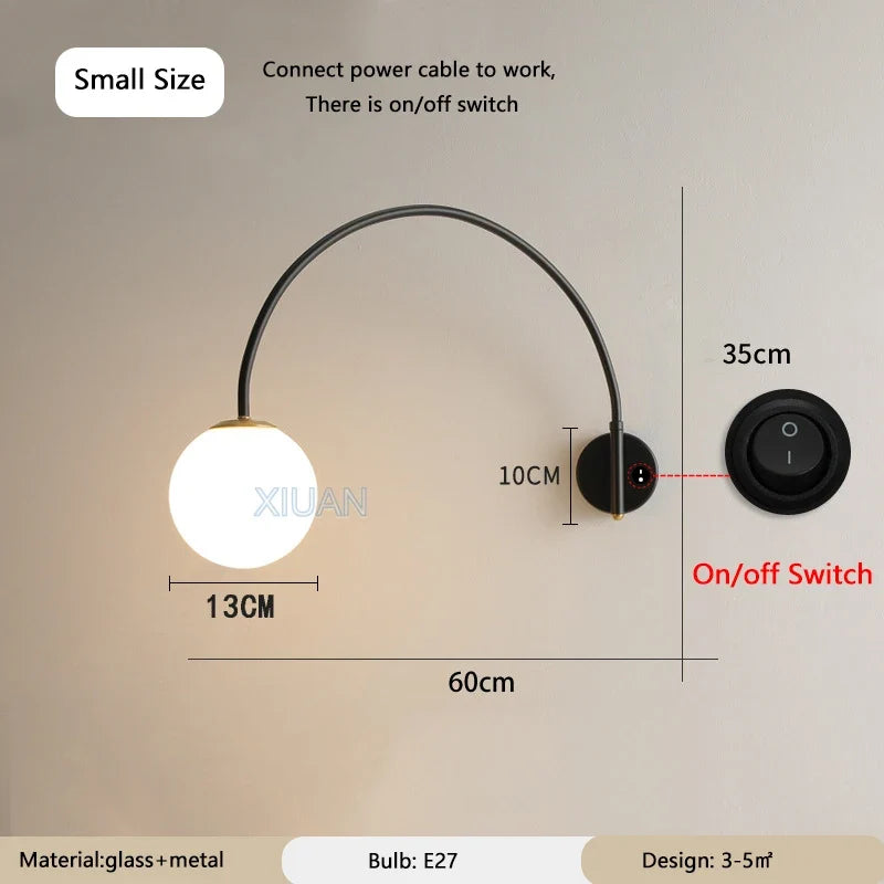 Minimalist Long Pole Fishing Wall Lamp Rotate Swing Arm White Glass Ball Wall Light for Living Room Bedroom Dining Table Indoor