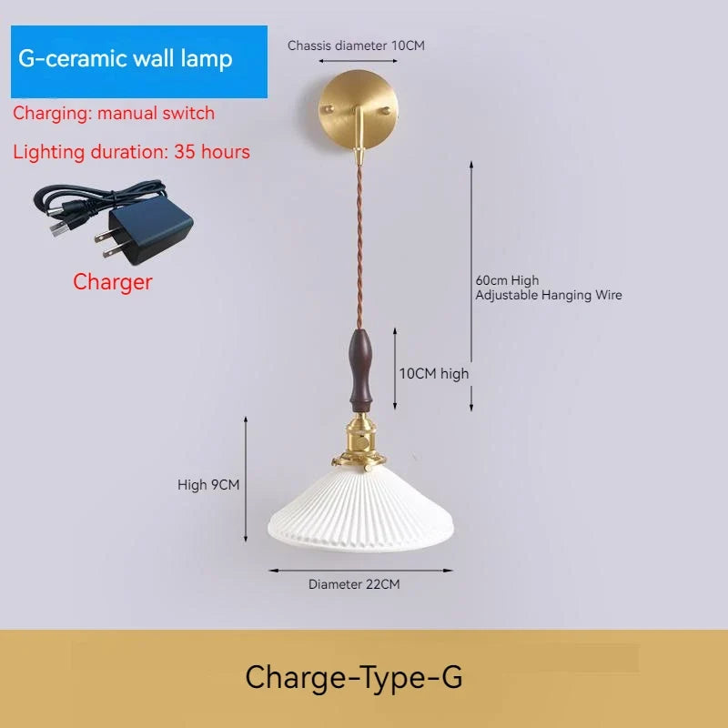 applique murale rechargeable en céramique avec interrupteur rotatif style vintage