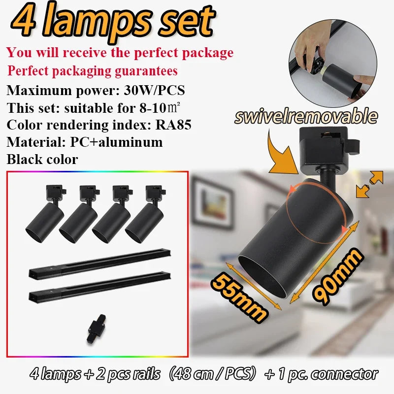kit d'éclairage sur rail spots dimmables pour décoration intérieure