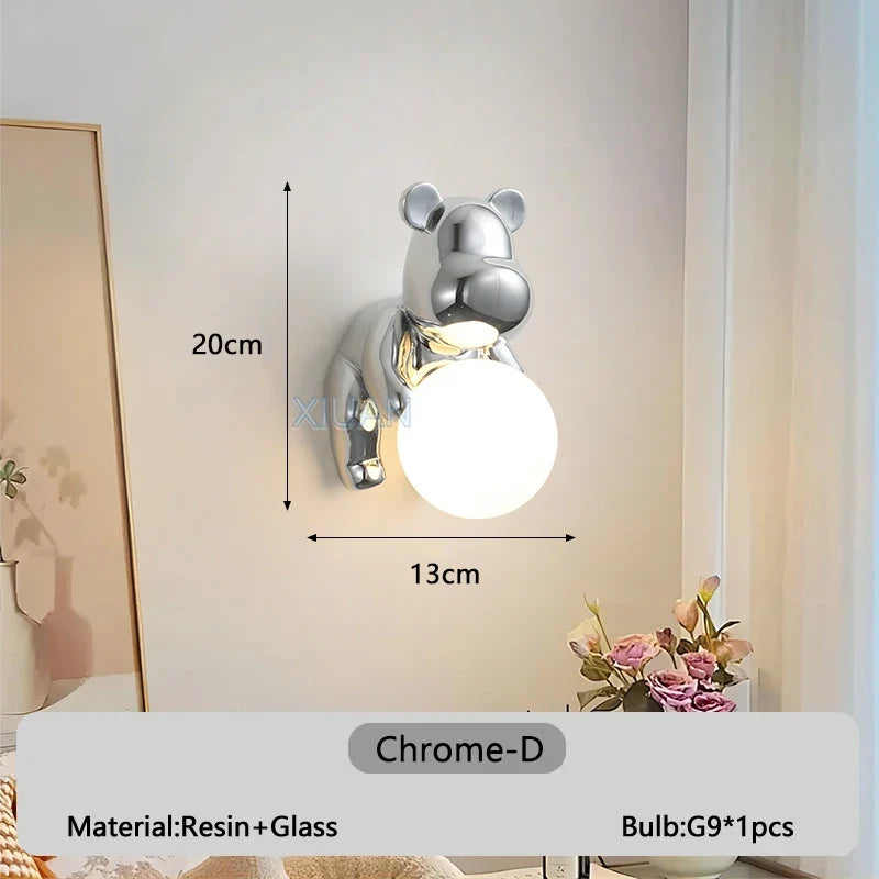 Chrome White Pink Bear Lights Art Design Bedroom Bedside Wall Lamps Resin Animal Glass Sconces Living Room Decorative Wall Light