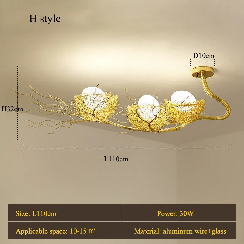 lustre led moderne en forme de nid d'oiseau avec boule de verre