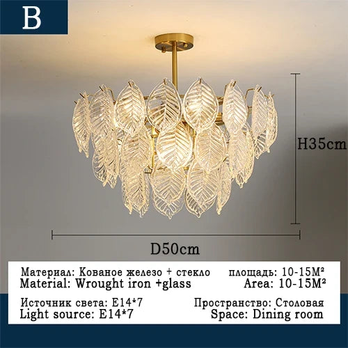 lustre moderne en verre suspendu avec décoration de feuilles