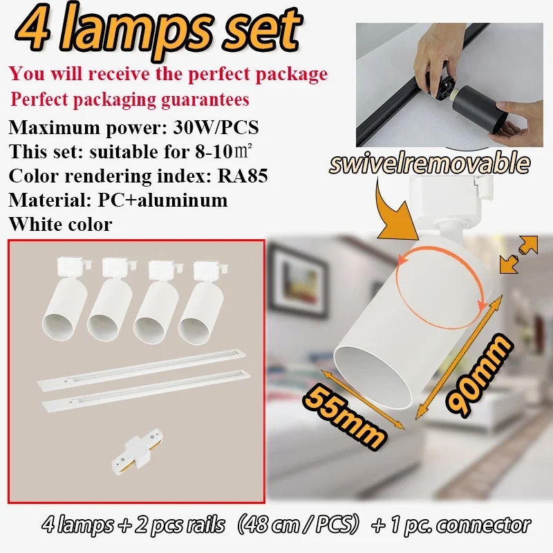 kit d'éclairage sur rail spots dimmables pour décoration intérieure