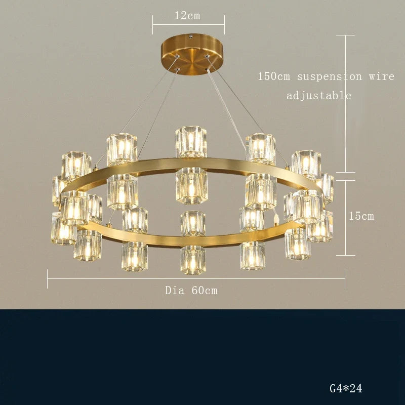 lustre moderne en cuivre led avec cristaux pour hôtel et foyer