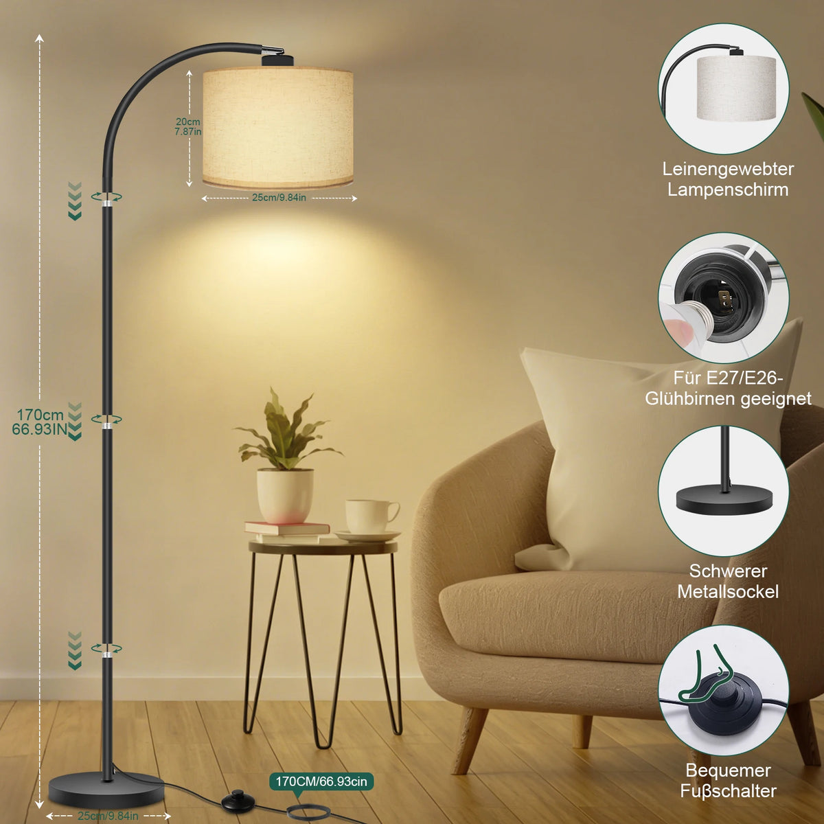 Lampadaire arc en métal noir et abat-jour en lin — Arceau