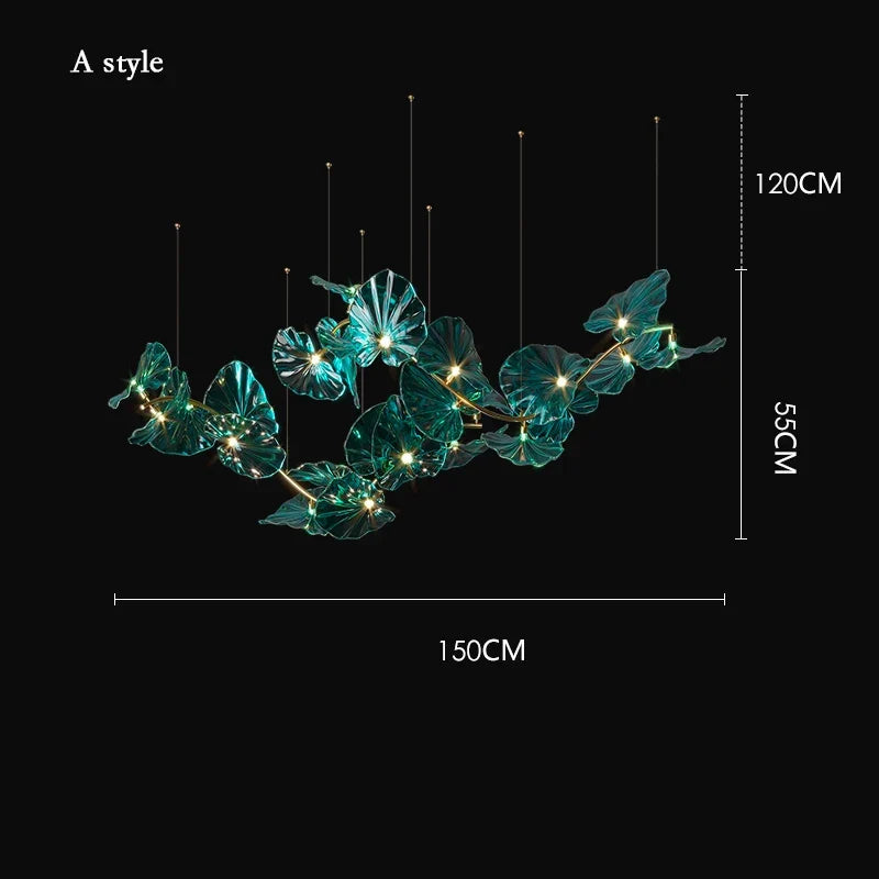 lustre artistique avec feuilles de verre suspendu led pour hôtel