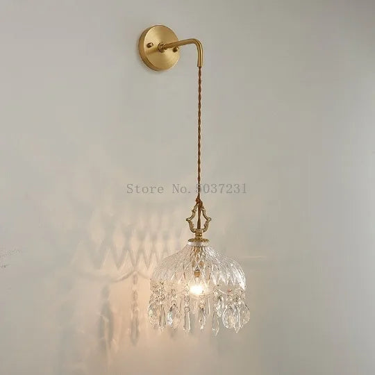 lustre en laiton nordique rétro suspendu en cristal et verre