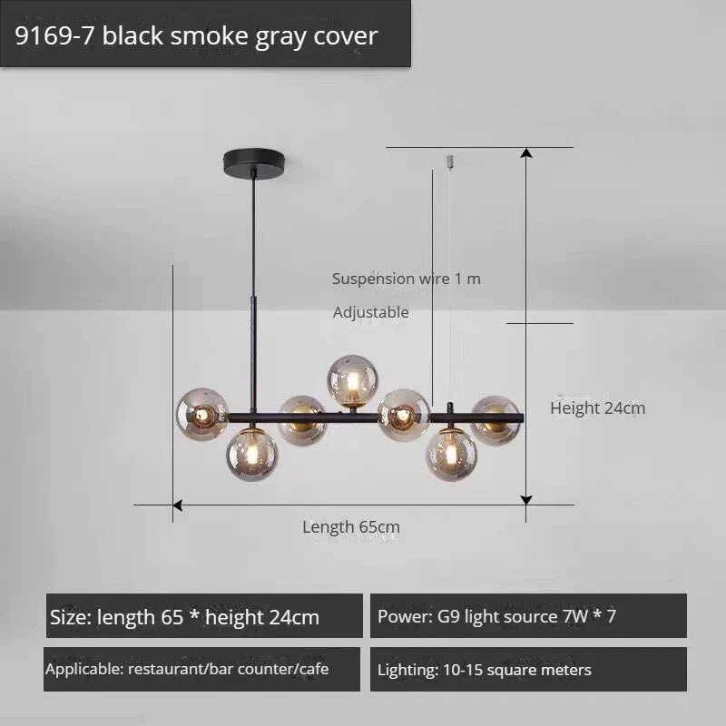 lustre long moderne en boule de verre abat-jour suspendu décoration led